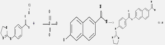 6-Amidino-2-naphthol methanesulfonate can react with 4-[(4,5-dihydro-1H-imidazol-2-yl)amino]benzoic acid hydrochloride to get 6-amidino-2-naphthyl 4-[(4,5-dihydro-1H-imidazol-2-yl)amino]benzoate dihydrochloride